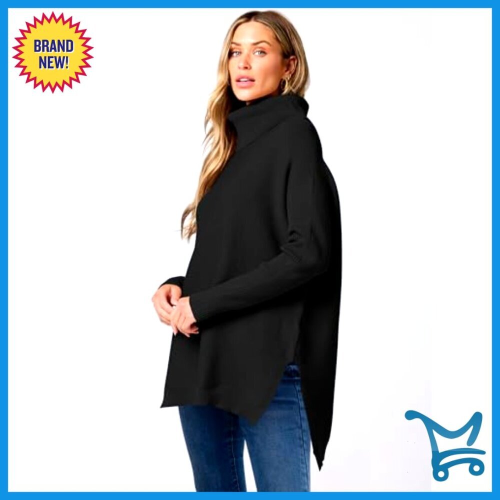 Oversized Turtleneck Batwing Sleeve Split Hem Knit Pullover Sweater - Picture 4 of 7
